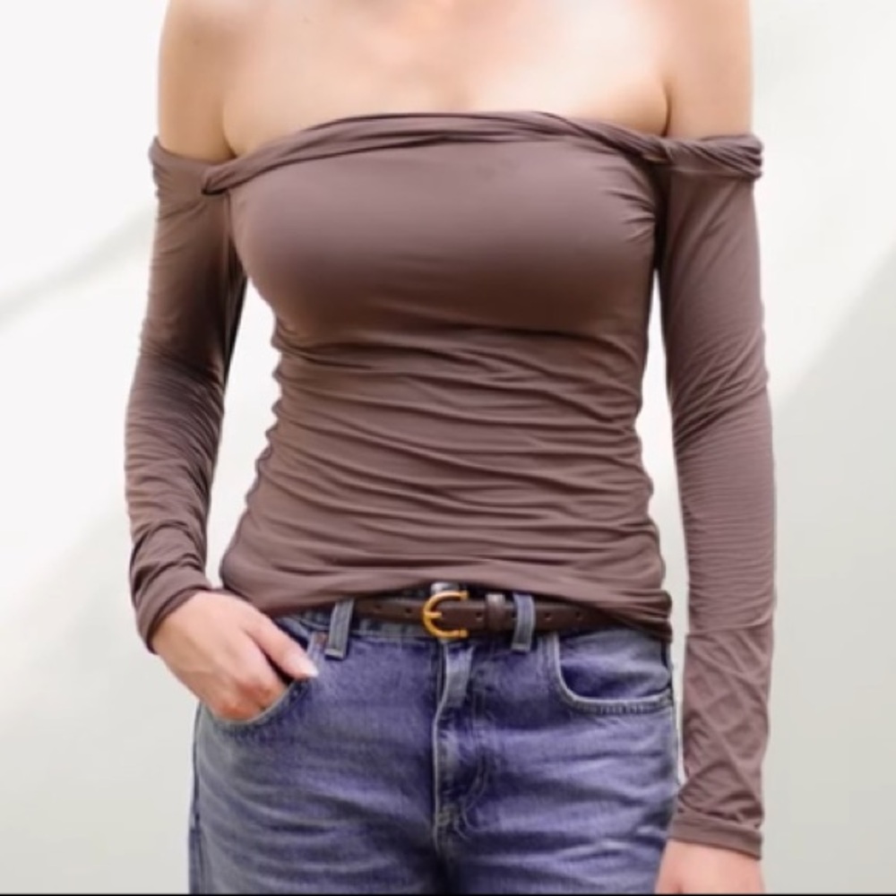 3 for $15 Off-Shoulder Twist Detail Brown Padded Top Going Out Top Brown